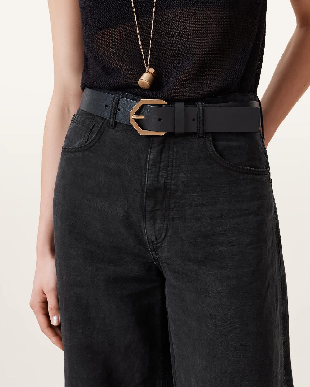 All Saints Tia Hex Leather Belt BLACK/WARM BRASS