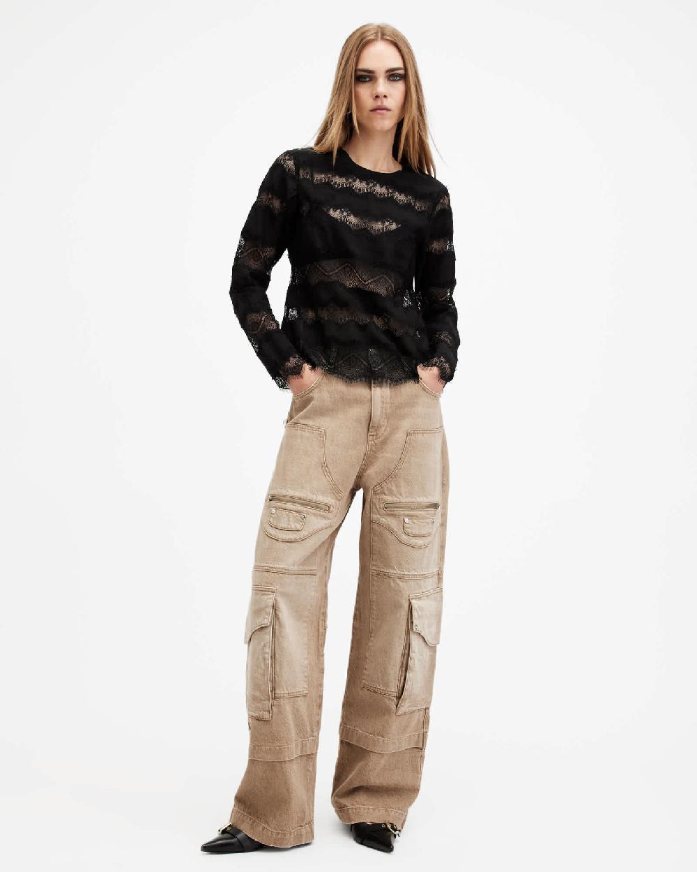 All Saints Tiff Lace Panelled Sheer Top Black