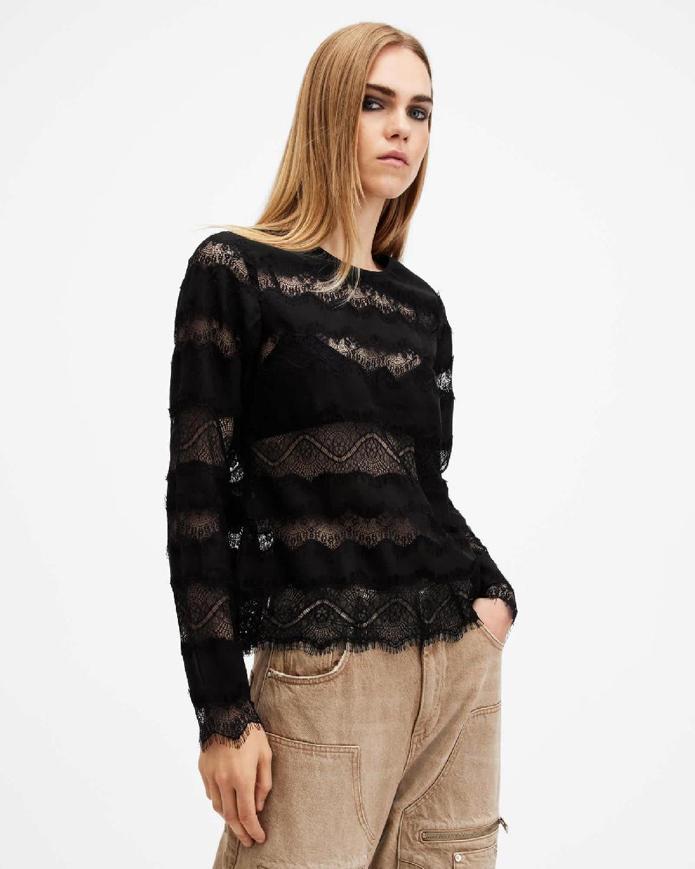 All Saints Tiff Lace Panelled Sheer Top Black