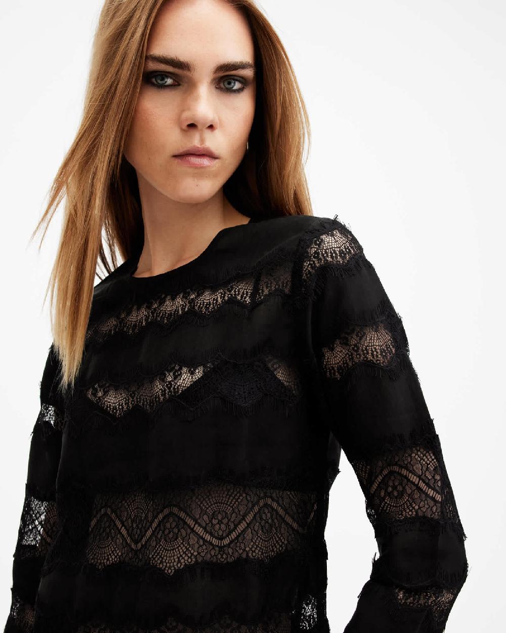 All Saints Tiff Lace Panelled Sheer Top Black
