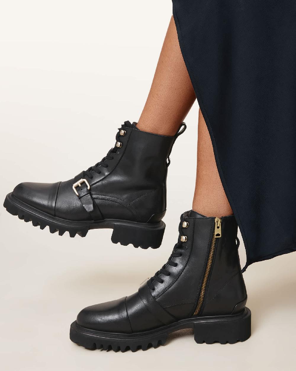 All Saints Tori Leather Boots BLACK/WARM BRASS