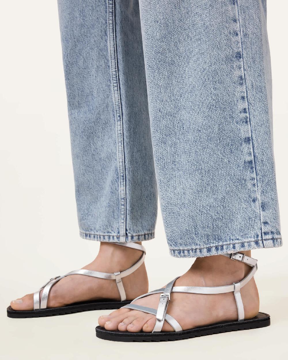 All Saints Tyla Metallic Leather Sandals Silver