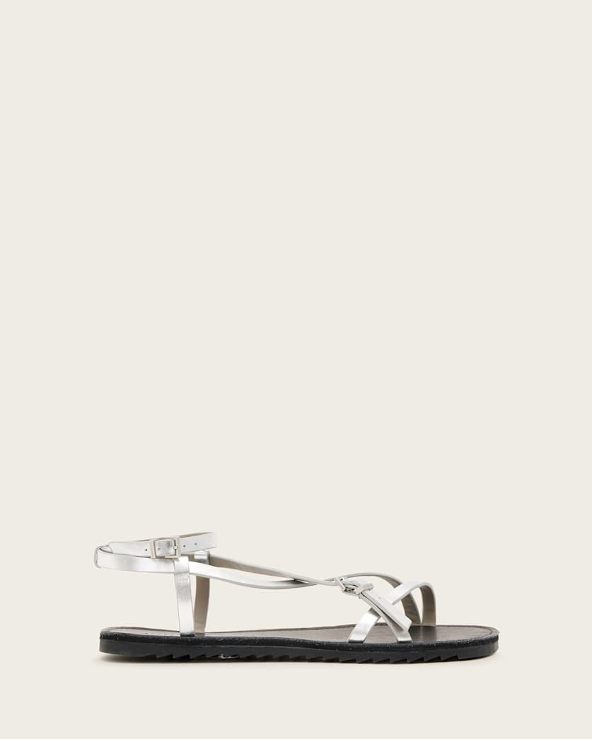 all saints Tyla Metallic Leather Sandals Silver