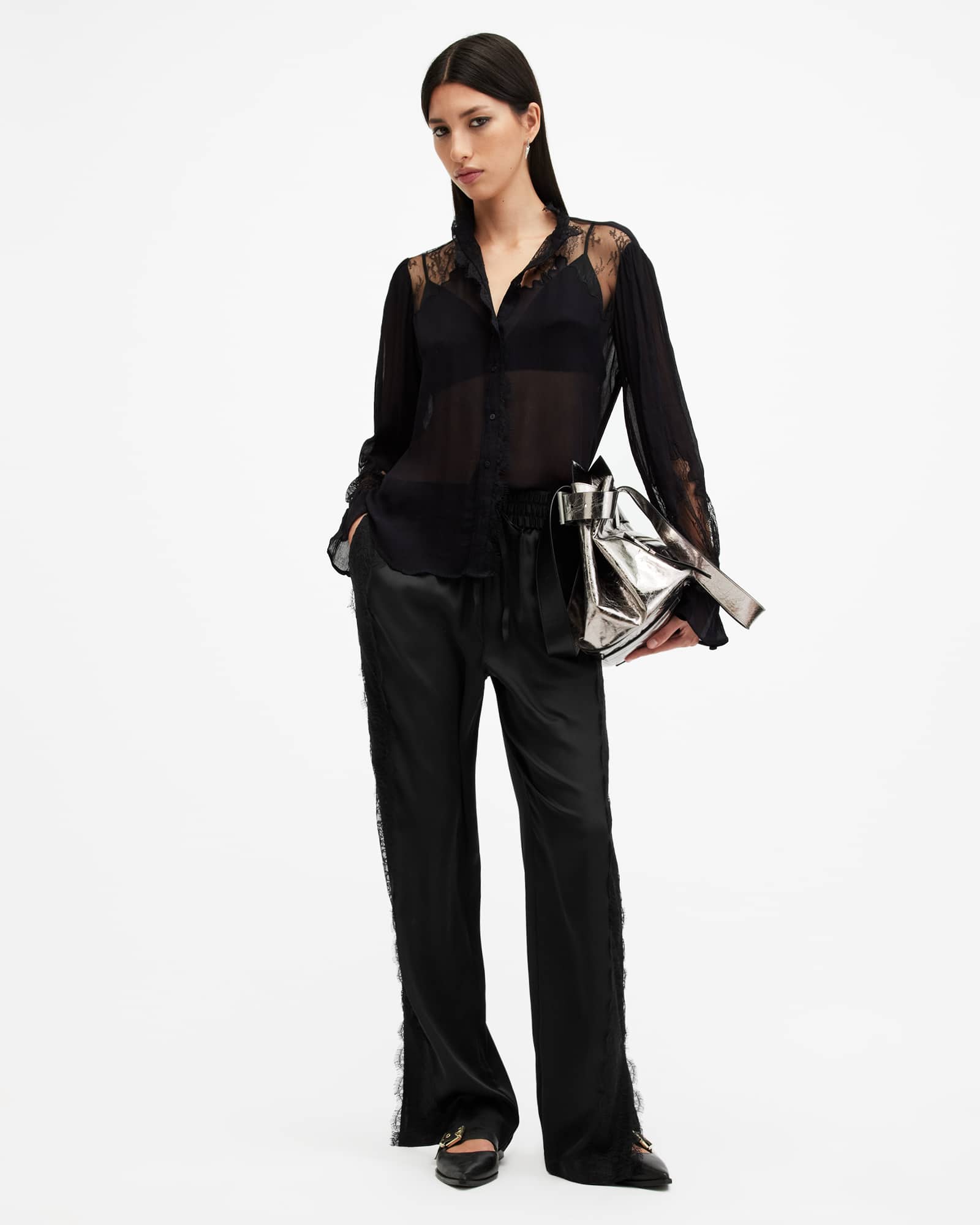 All Saints Tyler Wide Leg Lace Trim Pants Black