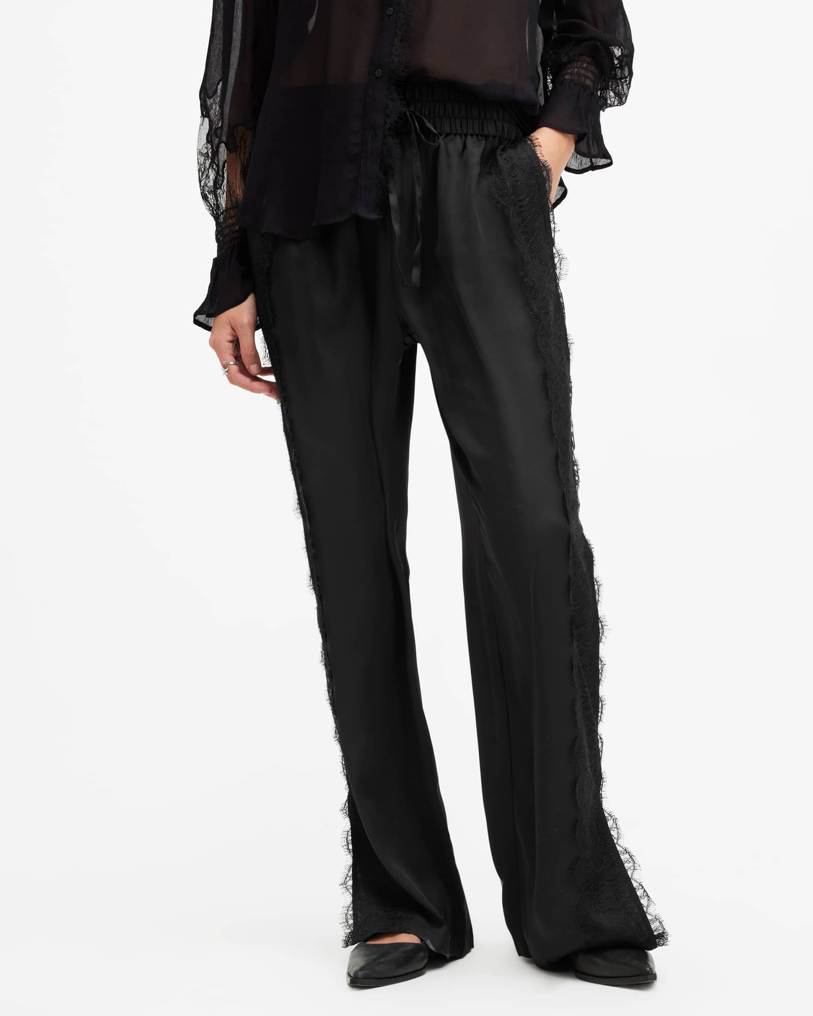 All Saints Tyler Wide Leg Lace Trim Pants Black