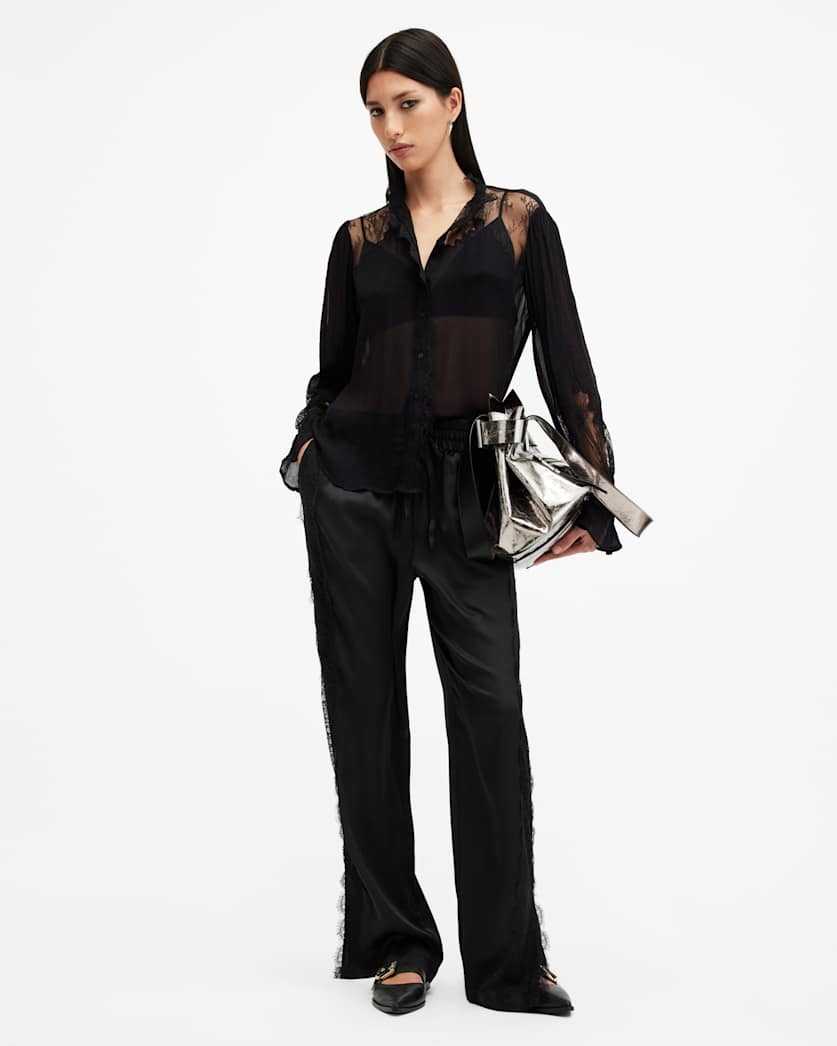 all saints Tyler Wide Leg Lace Trim Pants Black
