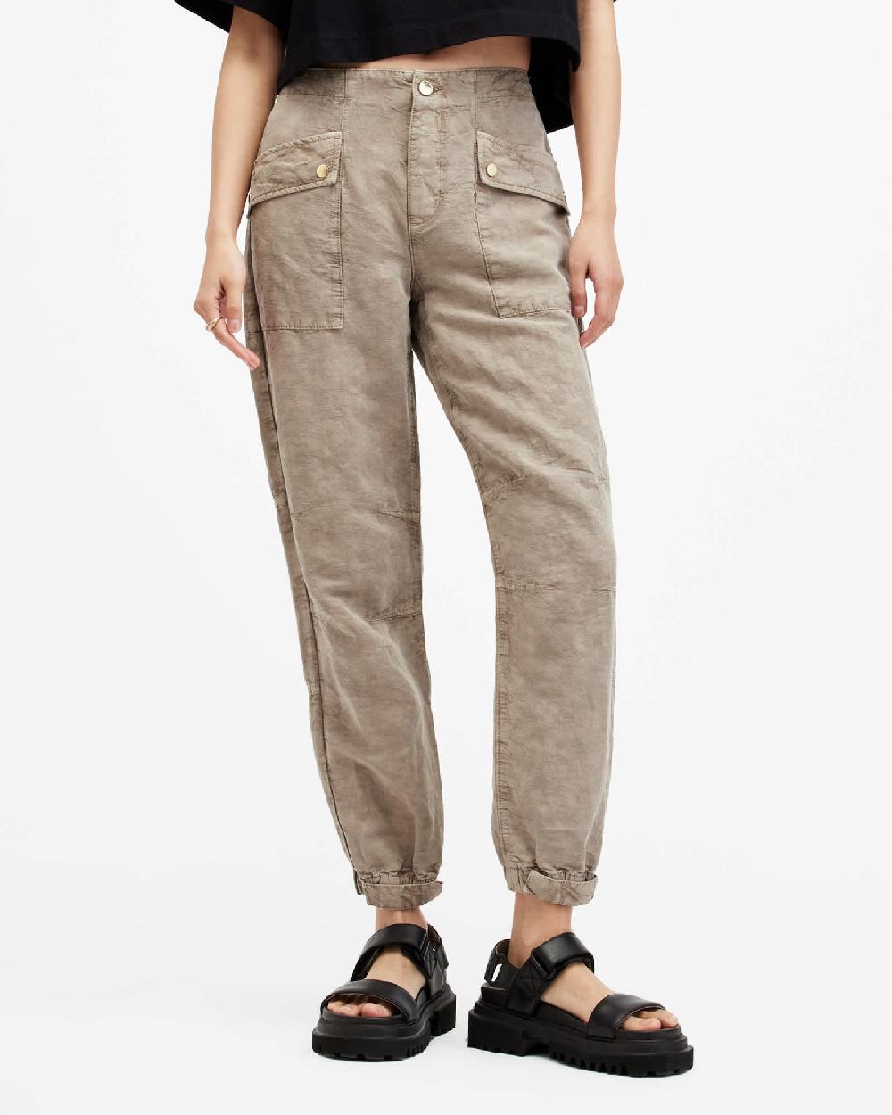 All Saints Val Linen Blend Cargo Pants Taupe Brown
