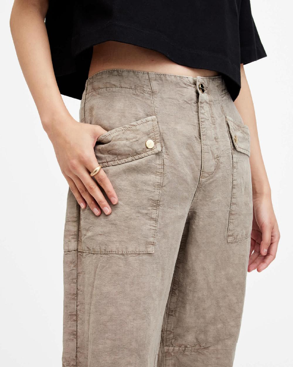 All Saints Val Linen Blend Cargo Pants Taupe Brown