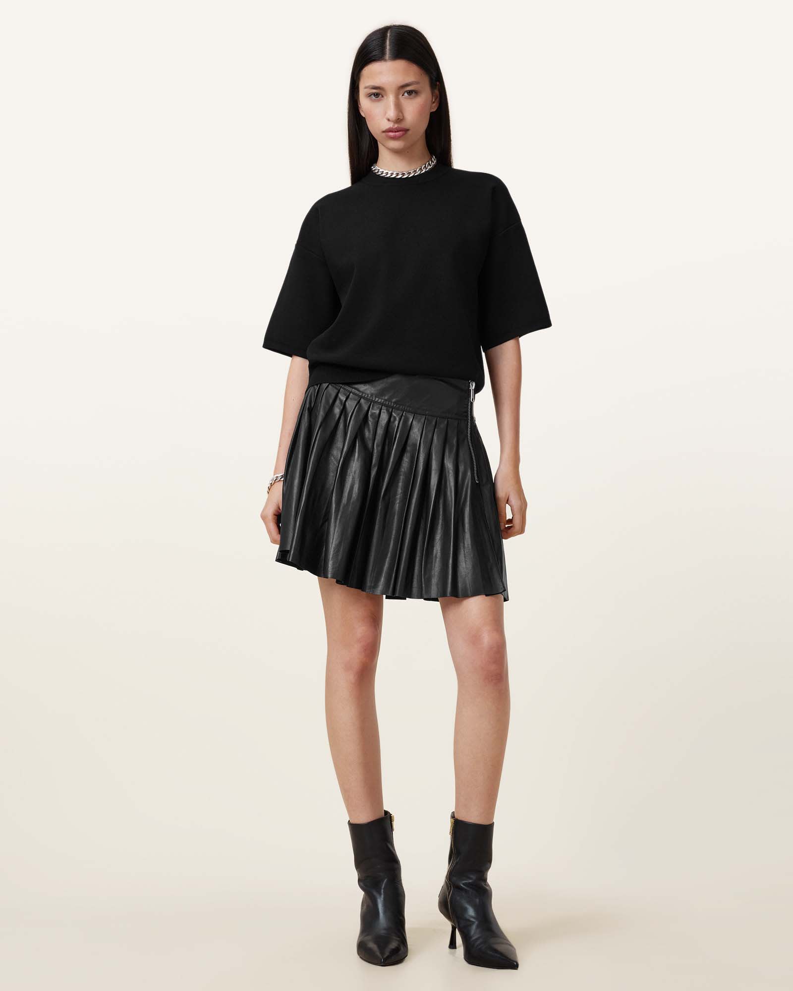All Saints Vena Leather Kilt Skirt Black