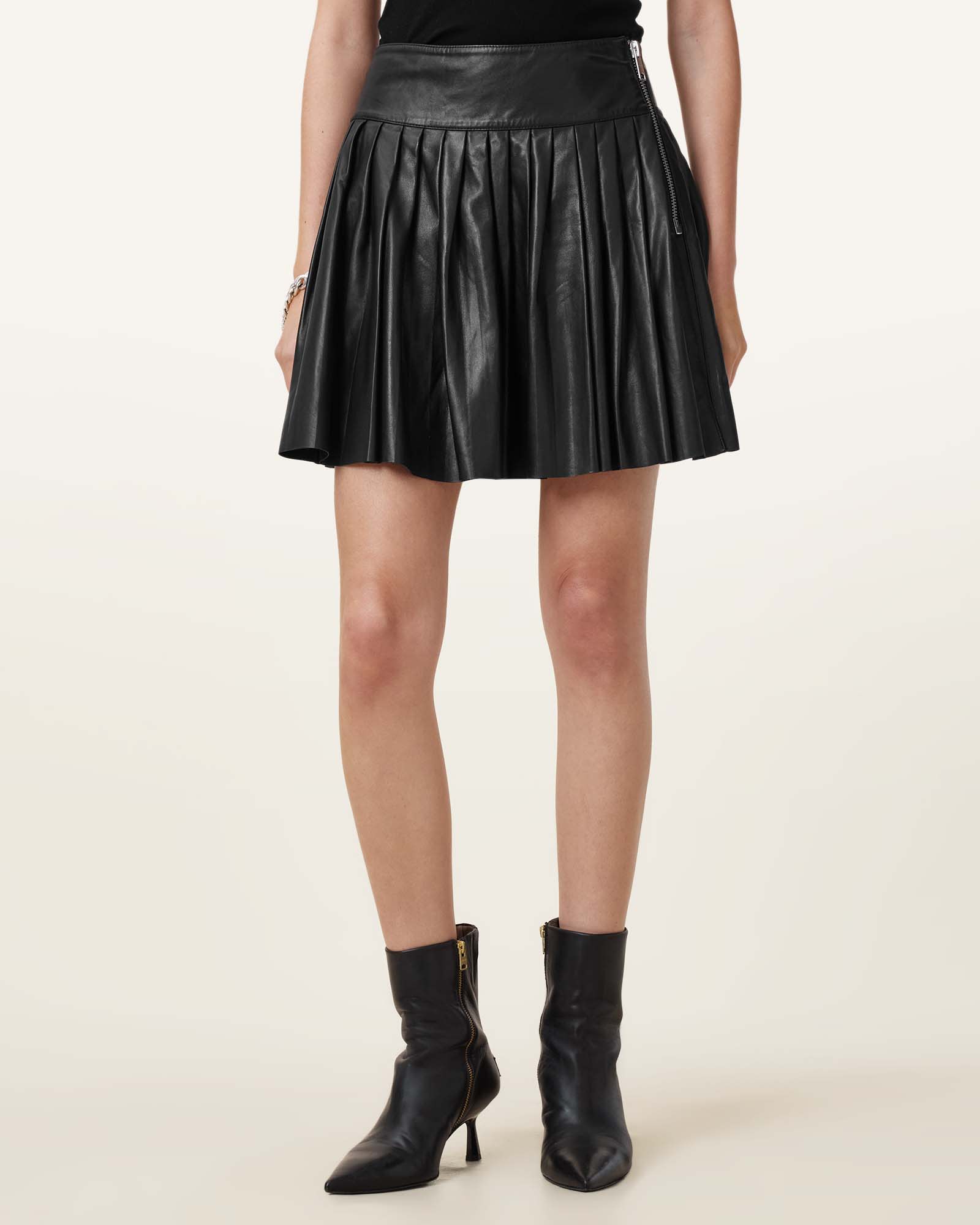 All Saints Vena Leather Kilt Skirt Black