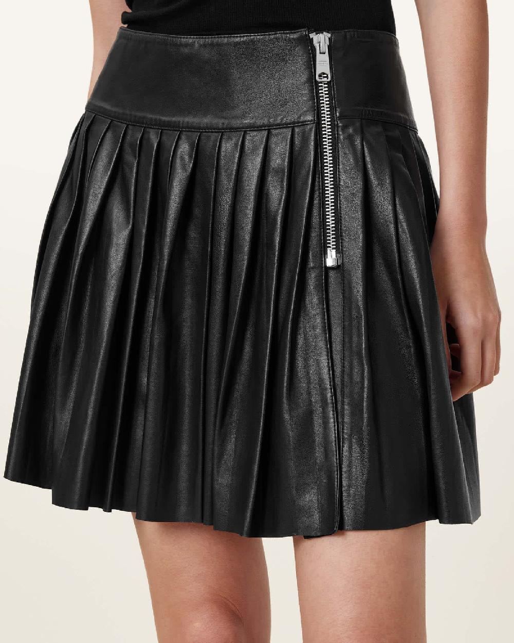 All Saints Vena Leather Kilt Skirt Black