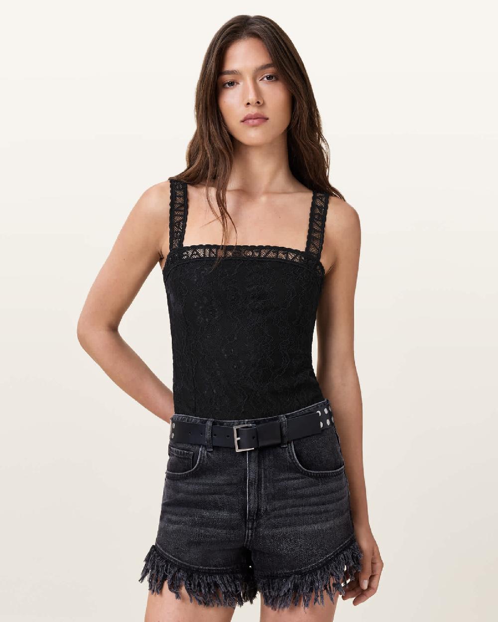 All Saints Vera Black Lace Bodysuit Black