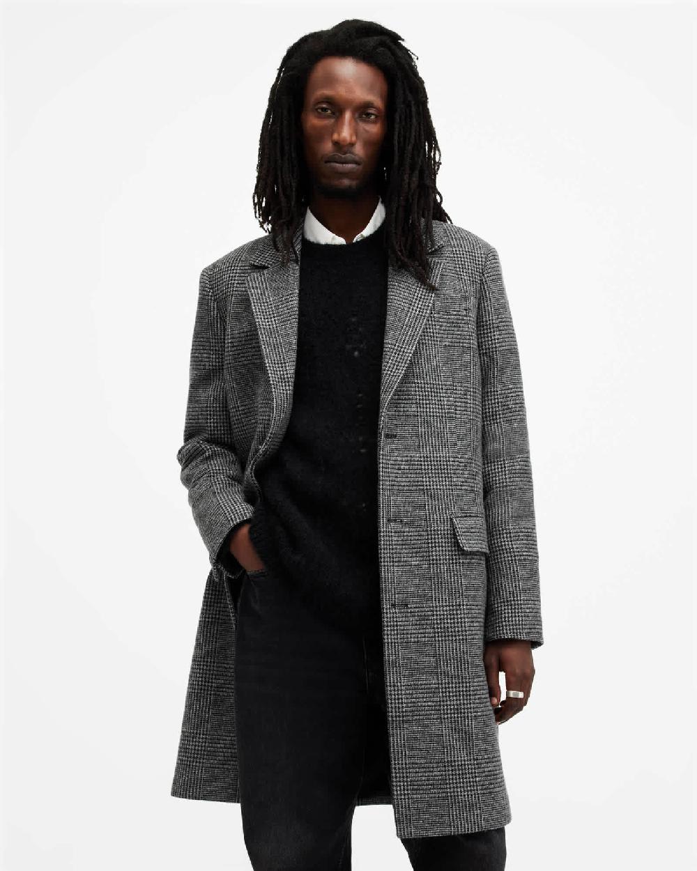 All Saints Whitlock Checked Formal Coat Grey