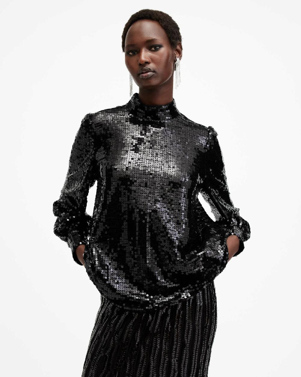 All Saints Whitney Long Sleeve Sequin Top Black