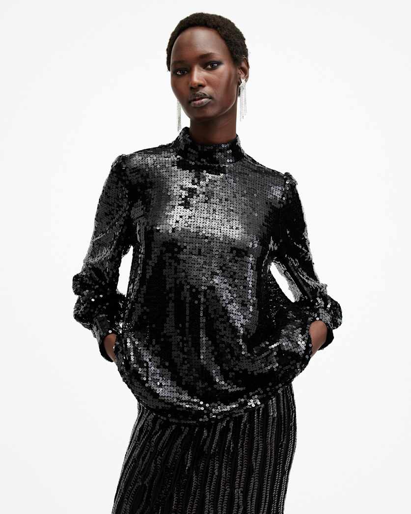all saints Whitney Long Sleeve Sequin Top Black