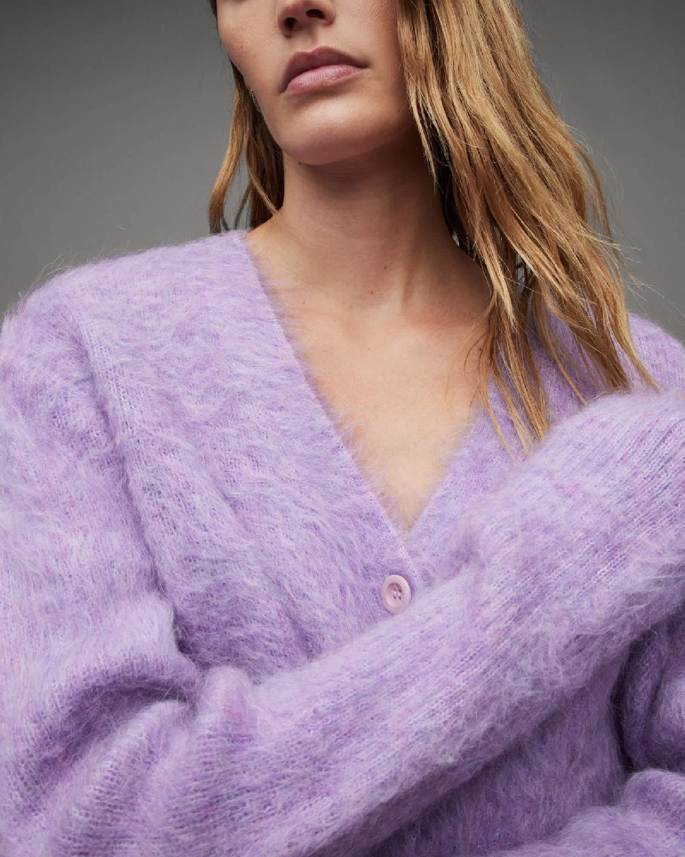 All Saints Wick Brushed V-Neck Cardigan LILAC HAZE