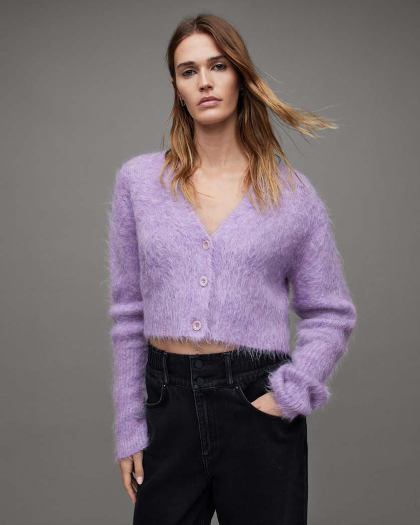 all saints Wick Brushed V-Neck Cardigan LILAC HAZE