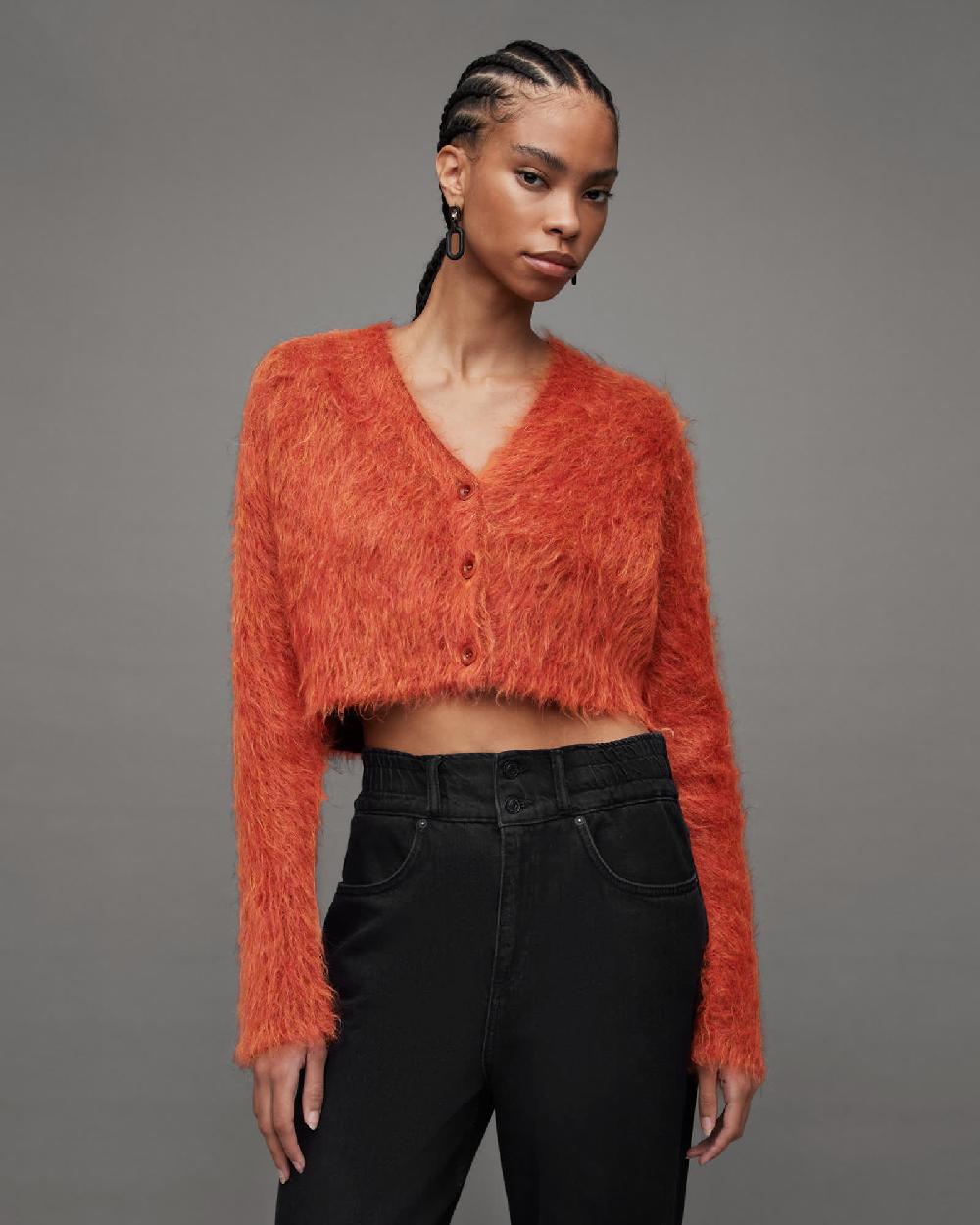 All Saints Wick Brushed V-Neck Cardigan PLANET RED