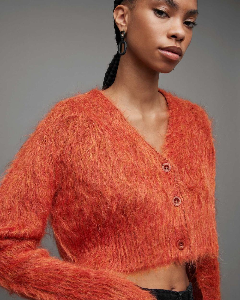 All Saints Wick Brushed V-Neck Cardigan PLANET RED