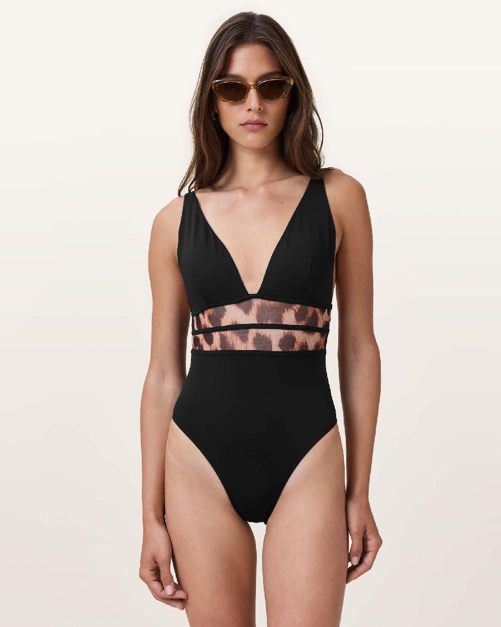 All Saints Xalia Mesh Leopard Print Swimsuit Black