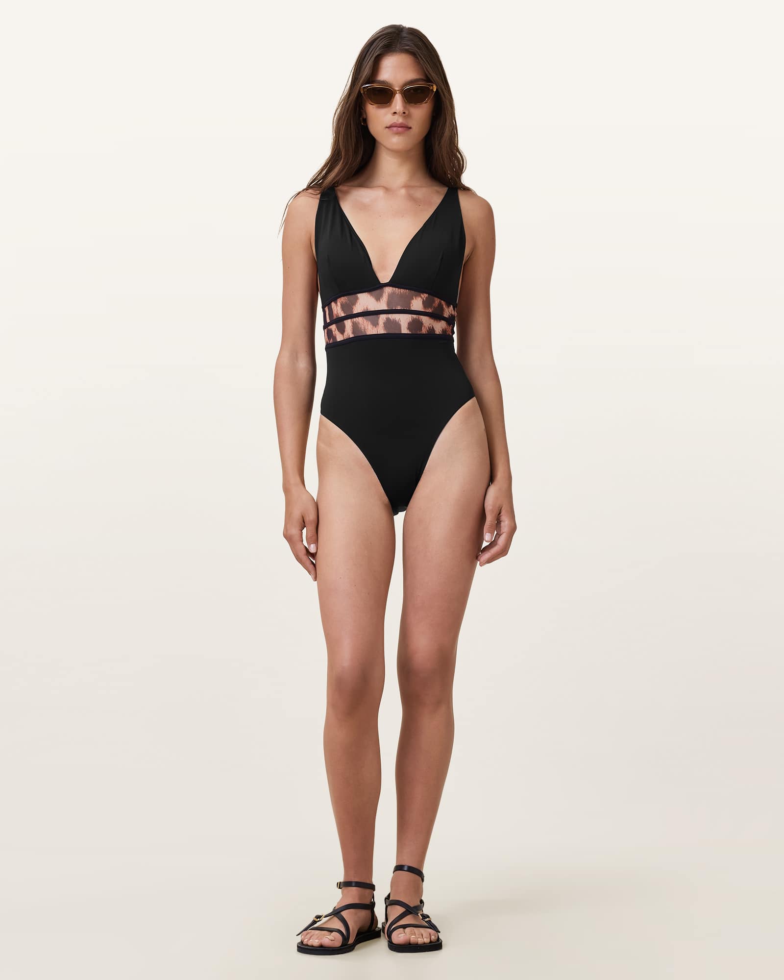 All Saints Xalia Mesh Leopard Print Swimsuit Black