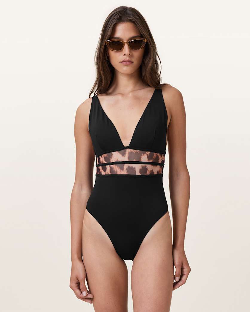 all saints Xalia Mesh Leopard Print Swimsuit Black