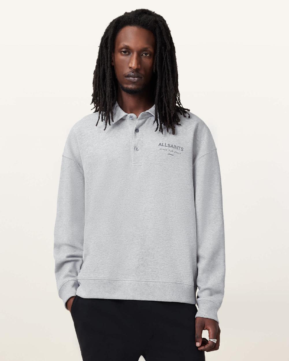 All Saints Xander Long Sleeve Polo Shirt Grey Marl