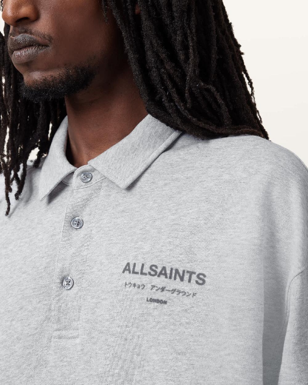 All Saints Xander Long Sleeve Polo Shirt Grey Marl