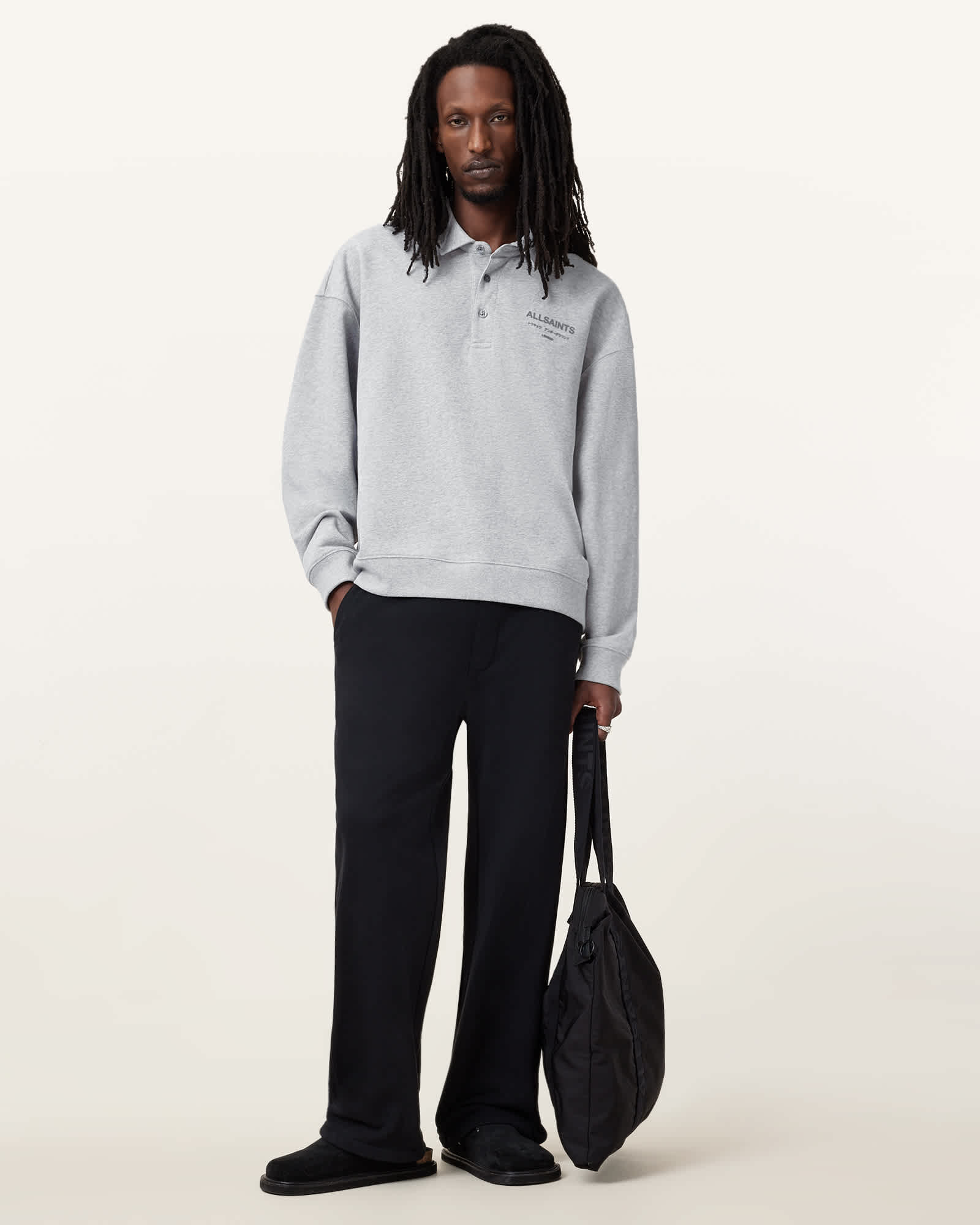 All Saints Xander Long Sleeve Polo Shirt Grey Marl