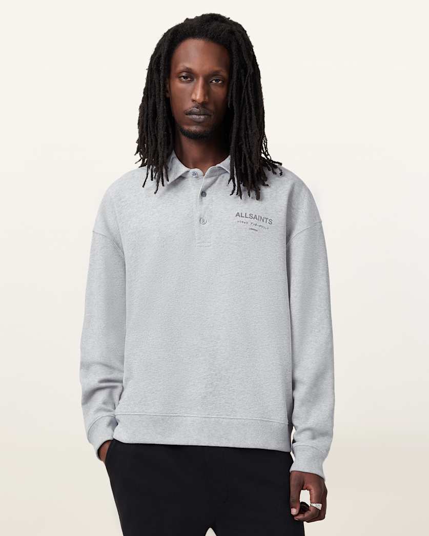 all saints Xander Long Sleeve Polo Shirt Grey Marl