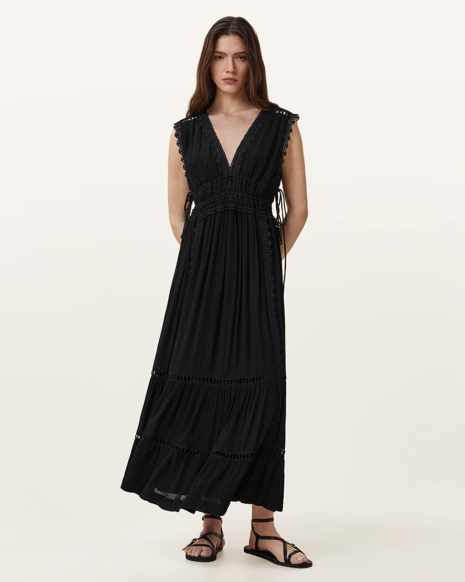 All Saints Xanthe Lace-Trimmed Maxi Dress Black