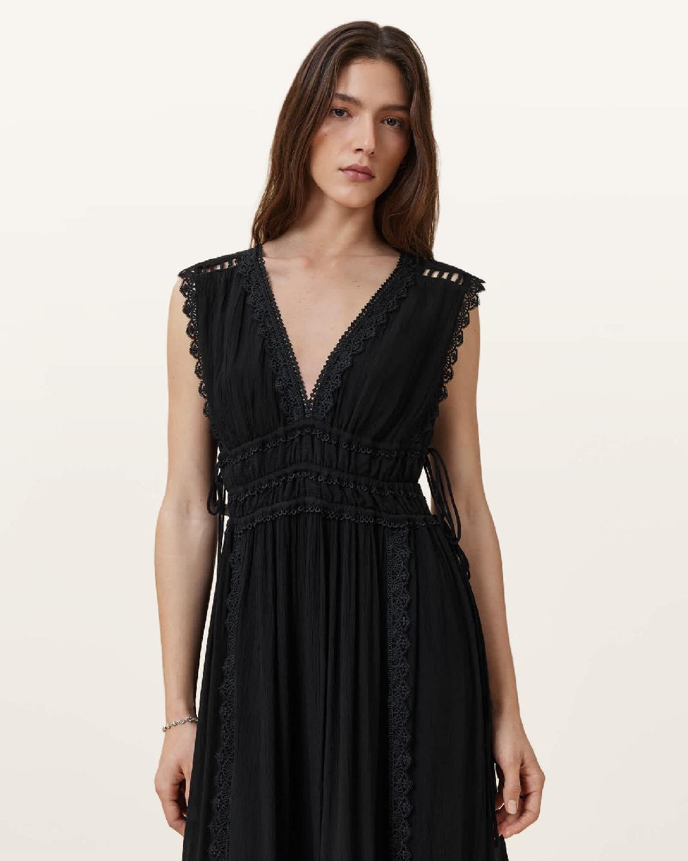 All Saints Xanthe Lace-Trimmed Maxi Dress Black
