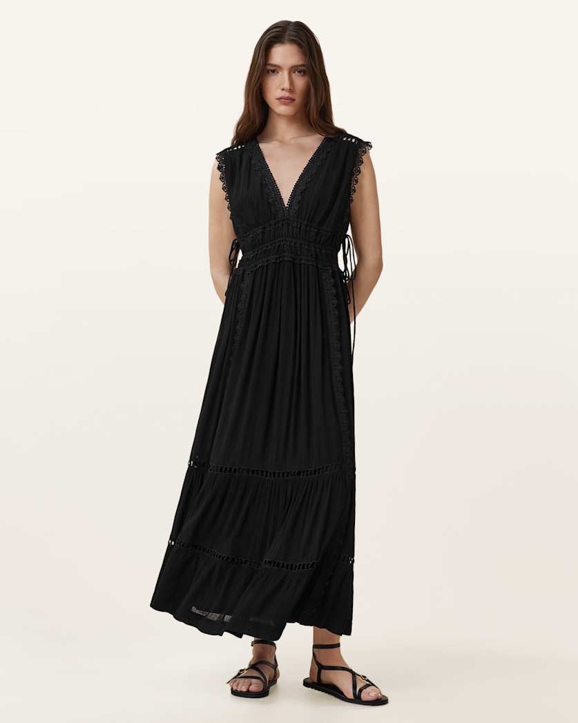 all saints Xanthe Lace-Trimmed Maxi Dress Black