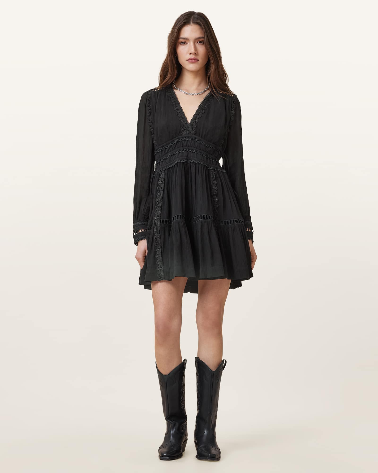 All Saints Xanthe Lace-Trimmed Mini Dress Black
