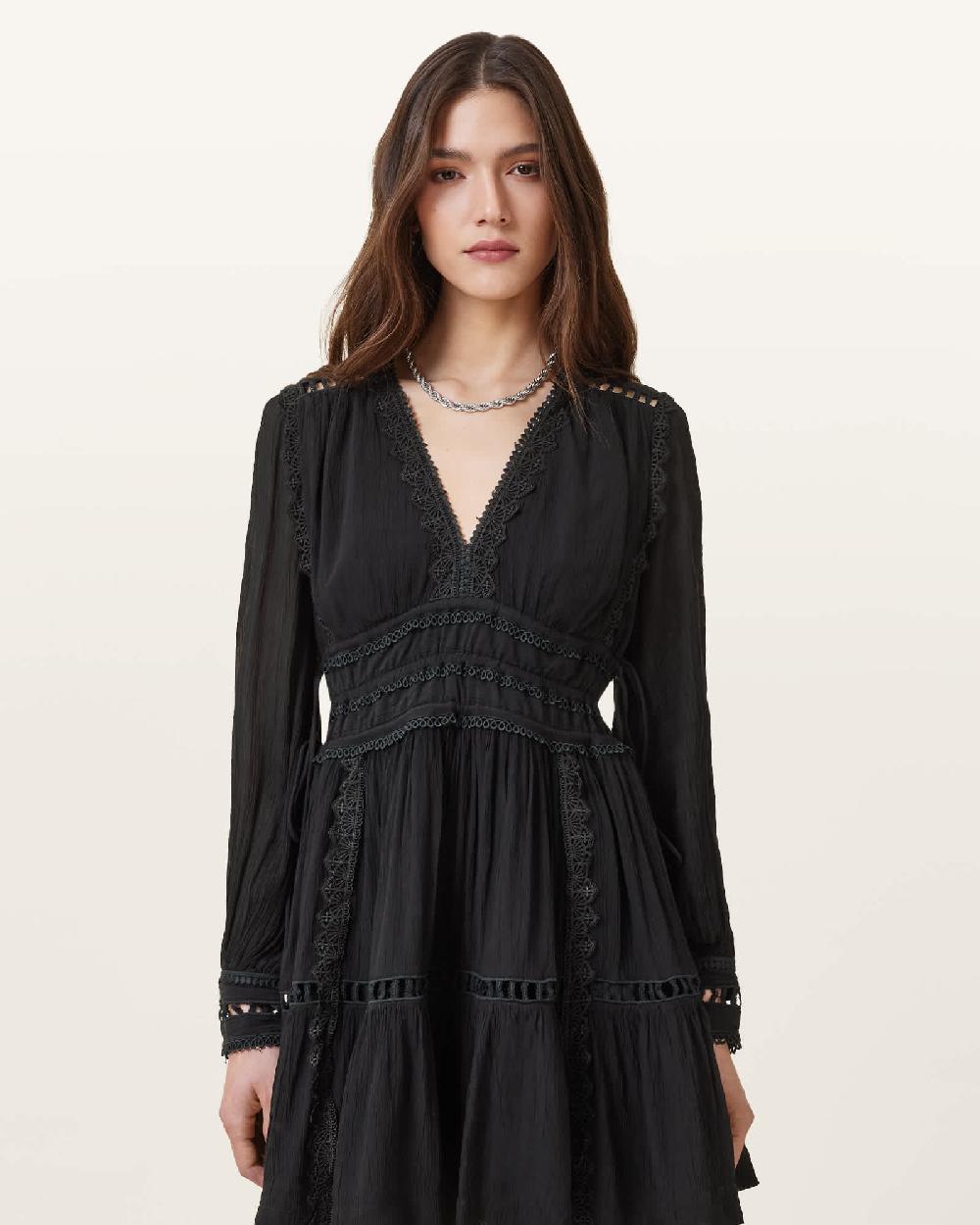 All Saints Xanthe Lace-Trimmed Mini Dress Black