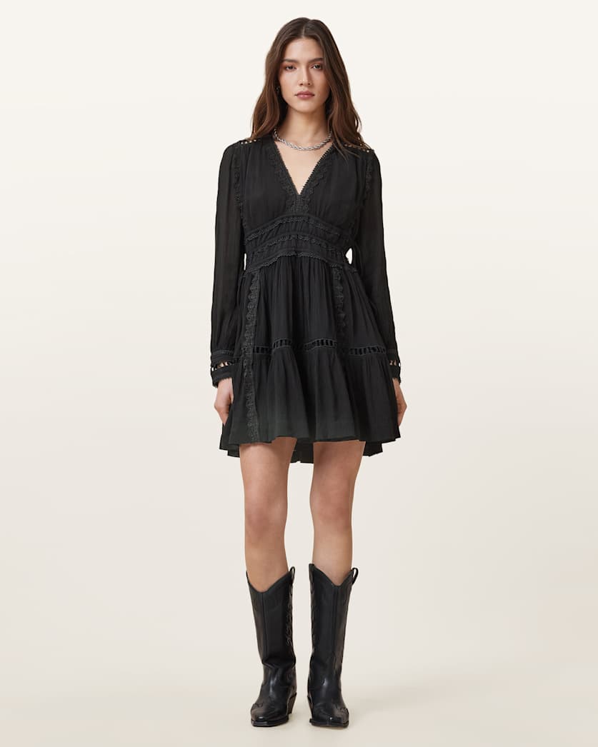 all saints Xanthe Lace-Trimmed Mini Dress Black