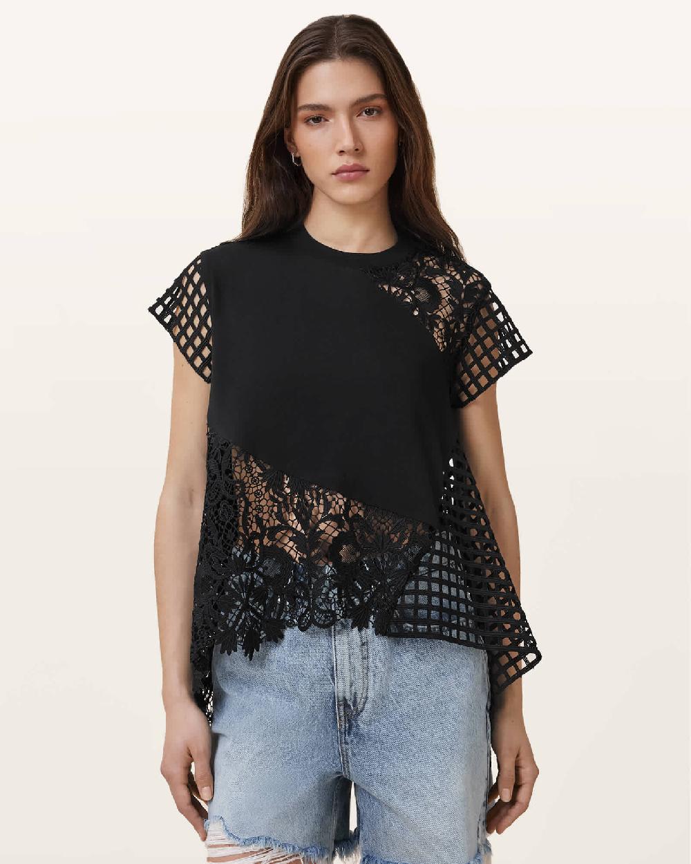 All Saints Zala Crochet Top Black