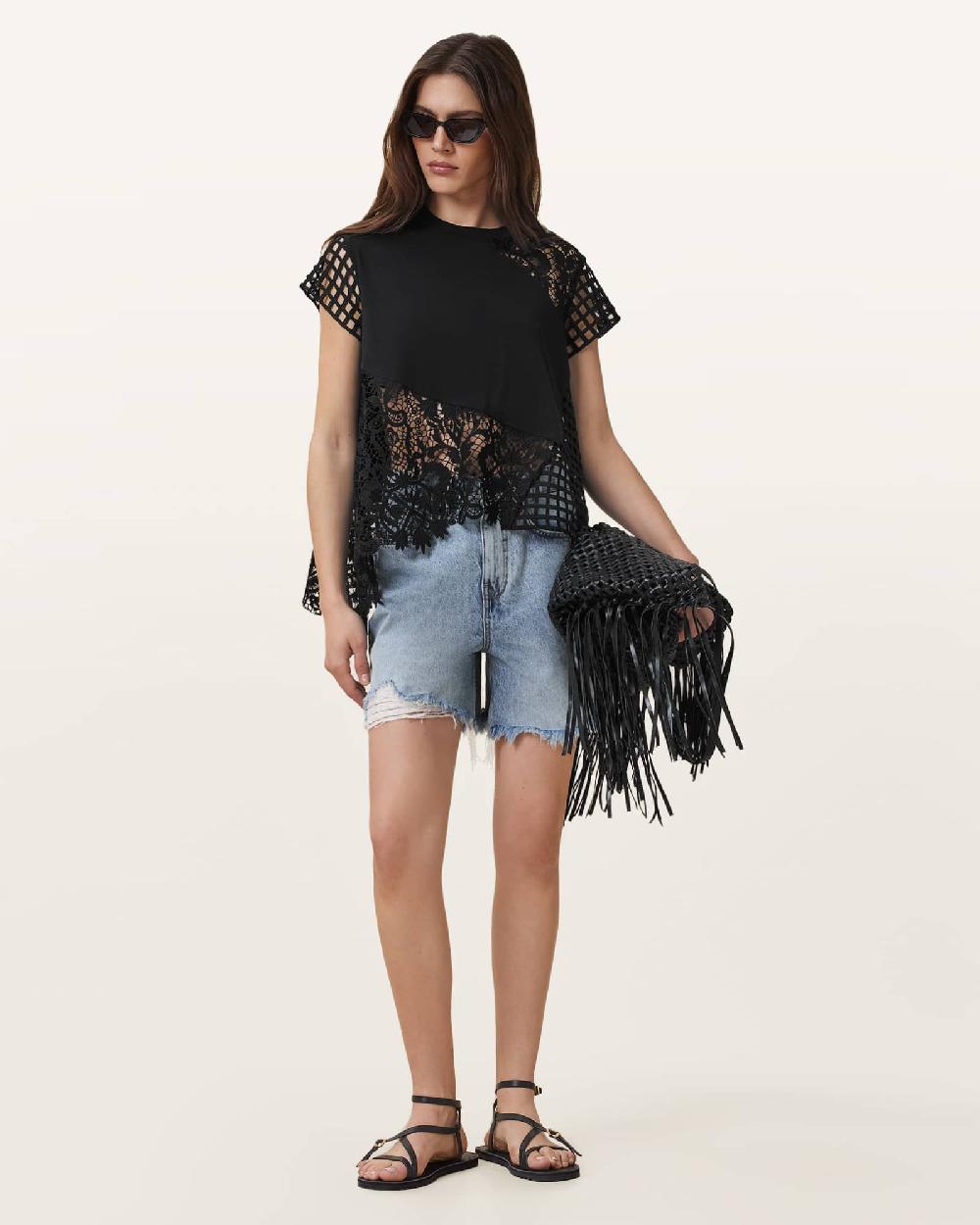 All Saints Zala Crochet Top Black