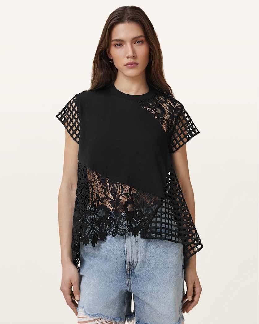 all saints Zala Crochet Top Black