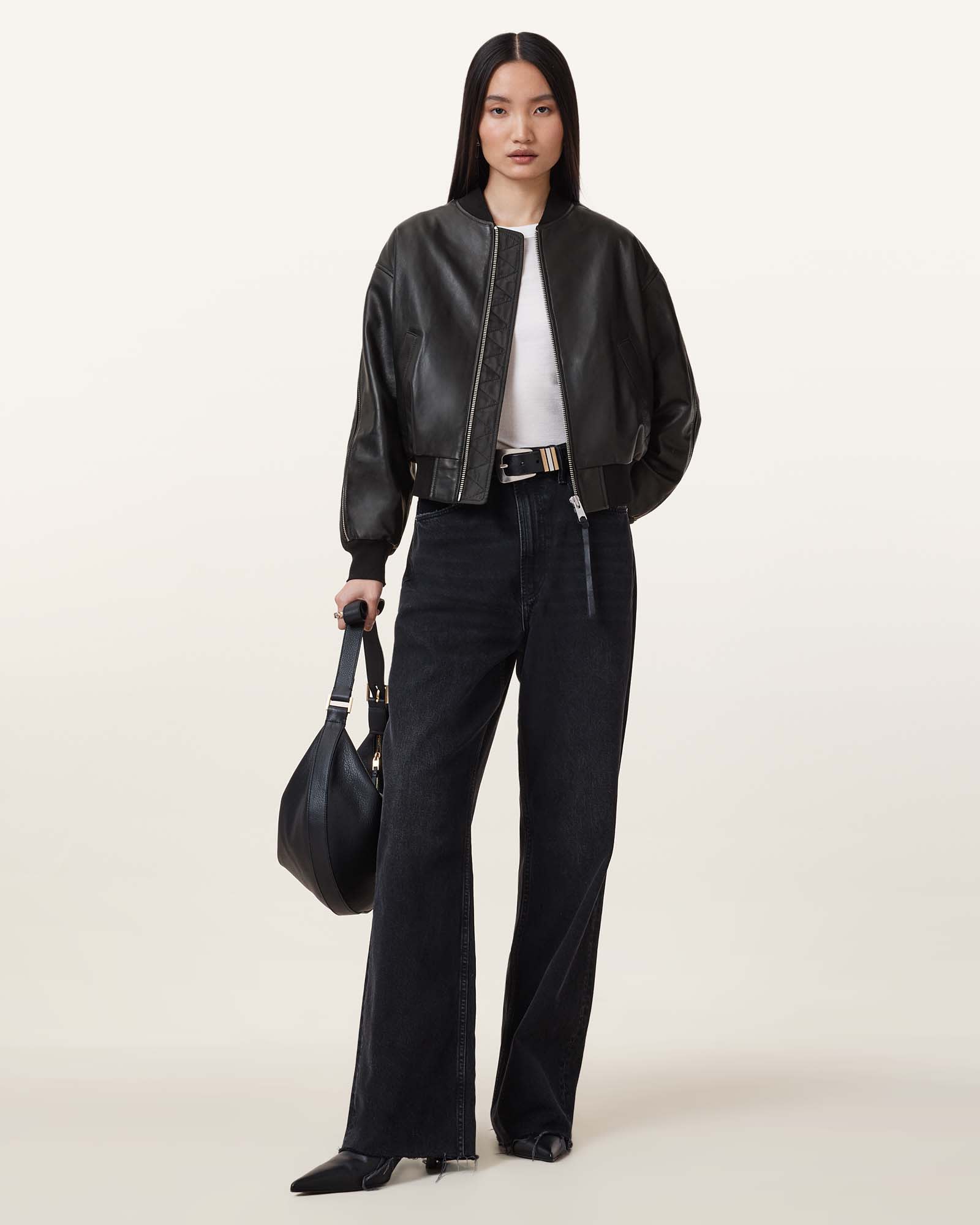 All Saints Zenith Leather Bomber Jacket Black