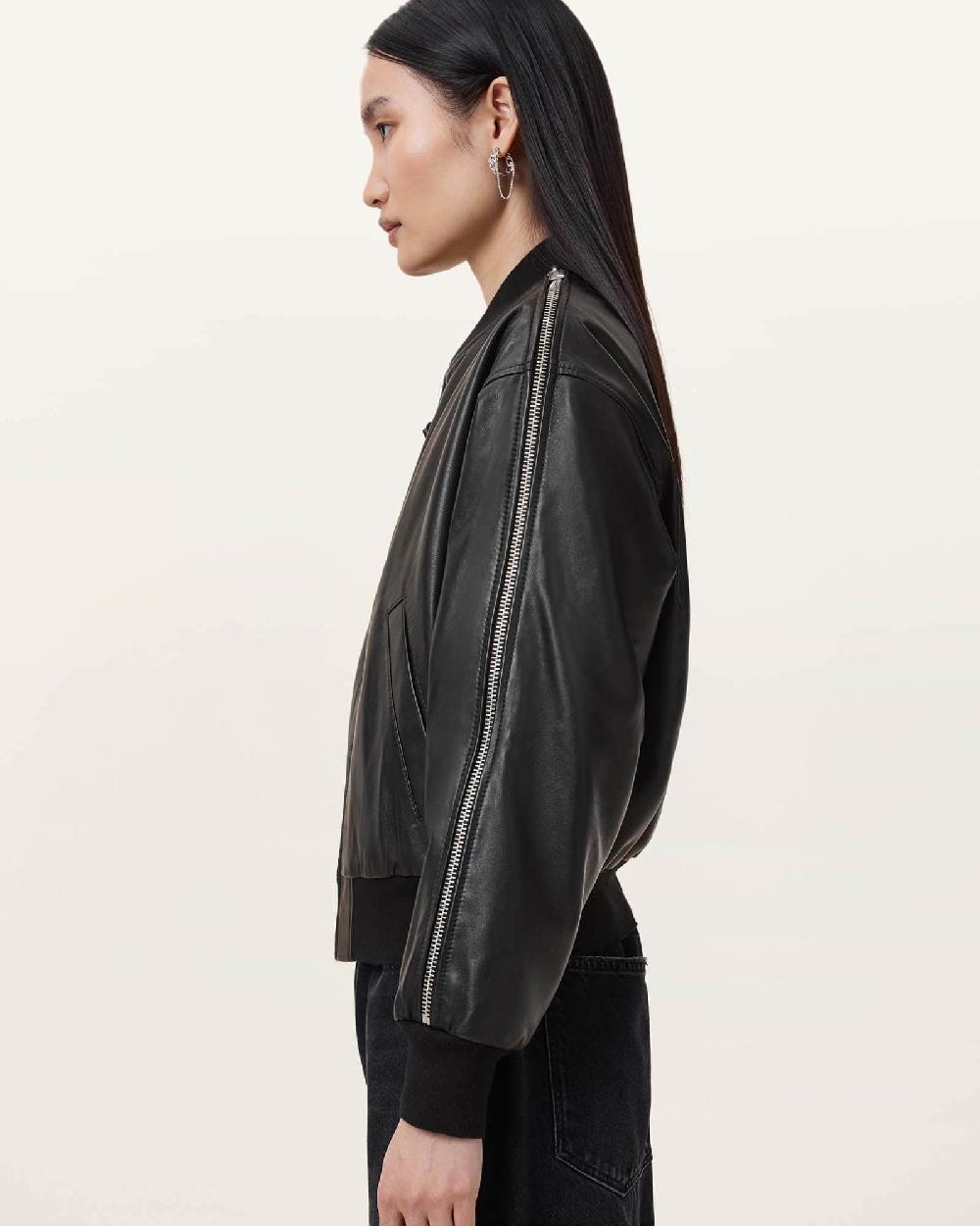 All Saints Zenith Leather Bomber Jacket Black