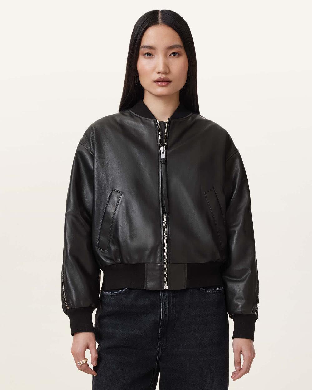 All Saints Zenith Leather Bomber Jacket Black