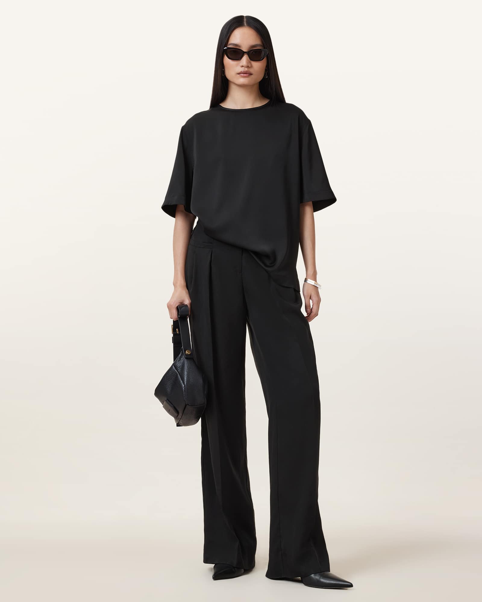 All Saints Zenni Mid Rise Wide Leg Trousers Black