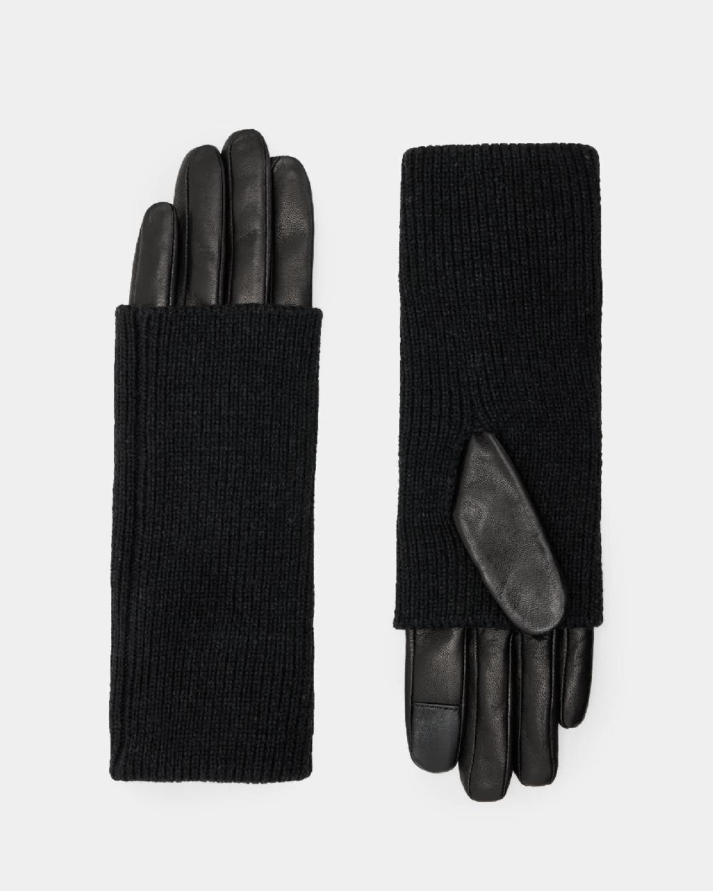 All Saints Zoya Knitted Cuff Leather Gloves Black