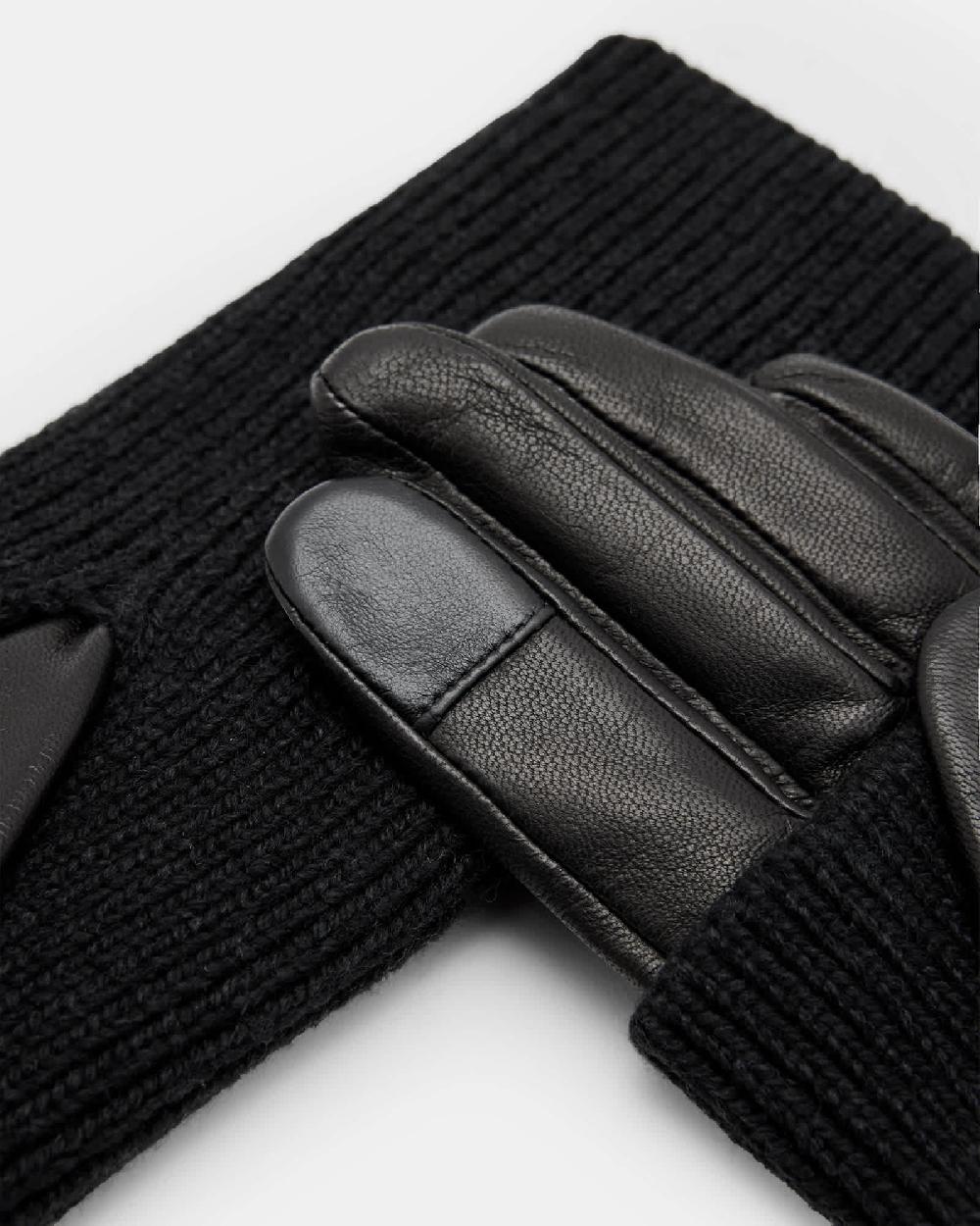 All Saints Zoya Knitted Cuff Leather Gloves Black