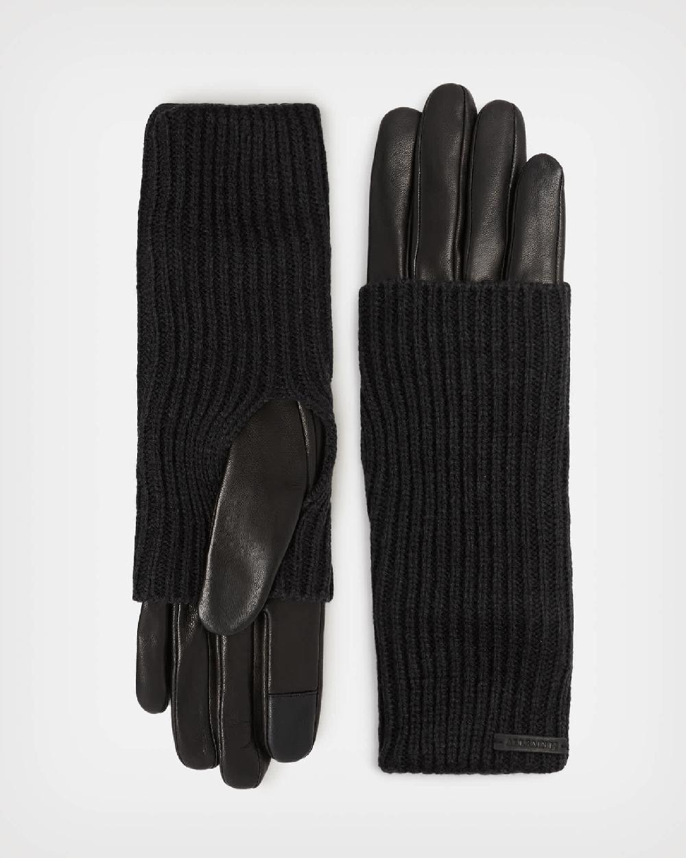 All Saints Zoya Knitted Cuff Leather Gloves Black