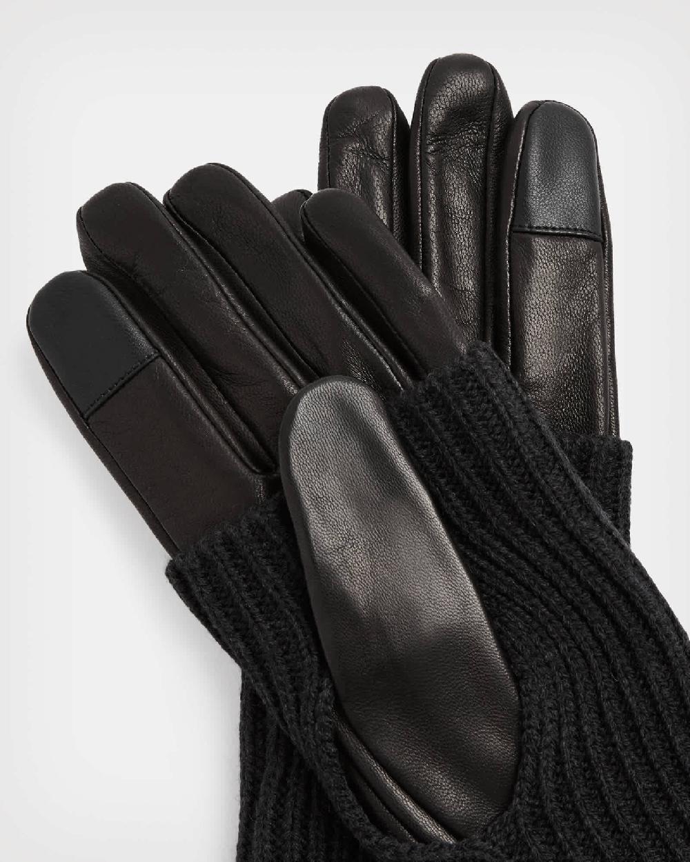 All Saints Zoya Knitted Cuff Leather Gloves Black