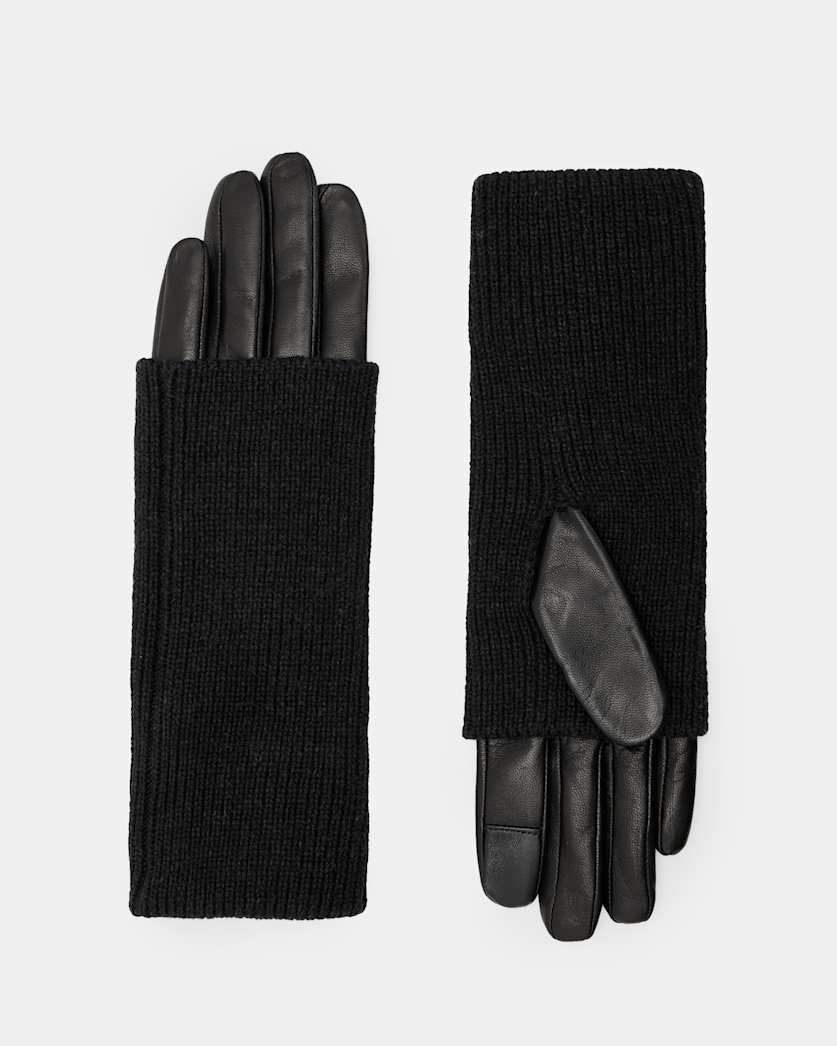 all saints Zoya Knitted Cuff Leather Gloves Black