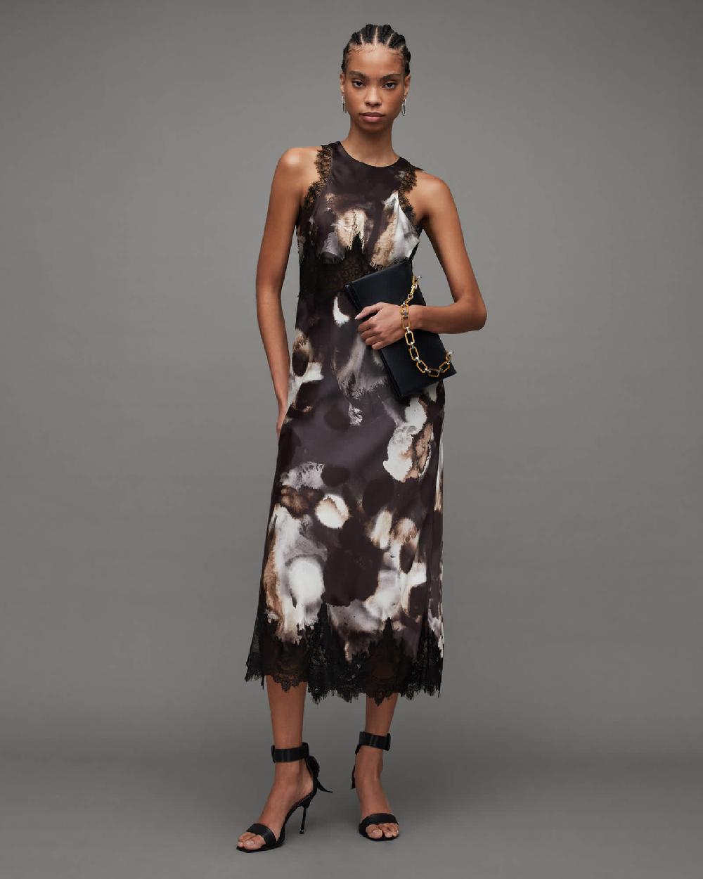 All Saints Alula Mars Print Silk Blend Maxi Dress Dark Grey
