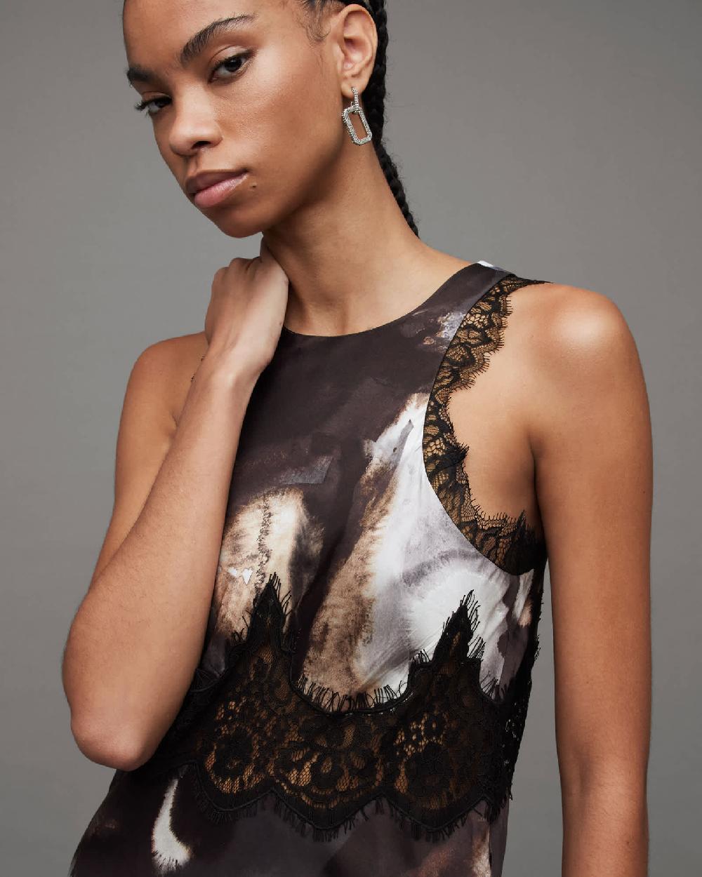 All Saints Alula Mars Print Silk Blend Maxi Dress Dark Grey